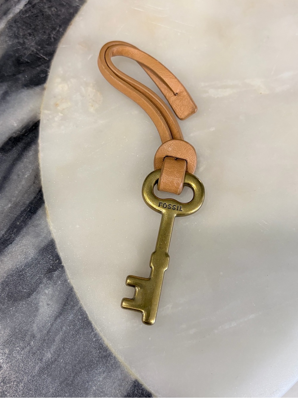 Fossil Tan Leather Key Charm with Brass-Tone Key